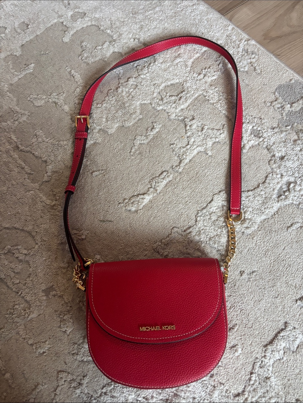 Michael Kors Red Pebbled Leather Crossbody Saddle Bag with Gold Hardware